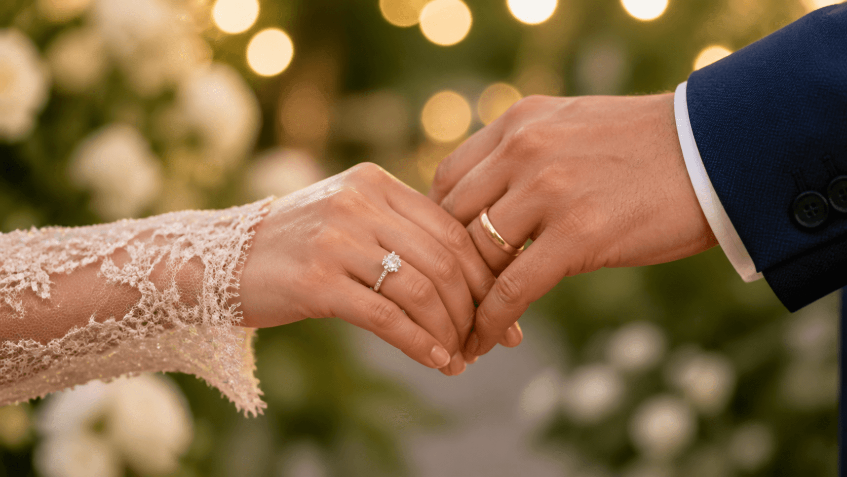 Tangan pasangan menikah di perayaan taman yang hangat, dengan cincin berlian pada tangan sang istri