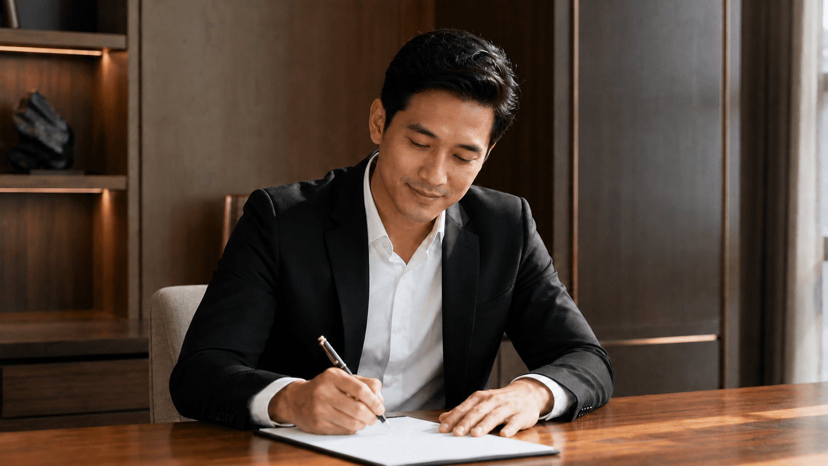 Pria Indonesia sedang menandatangani formulir registrasi di ruang konsultasi privat yang hangat