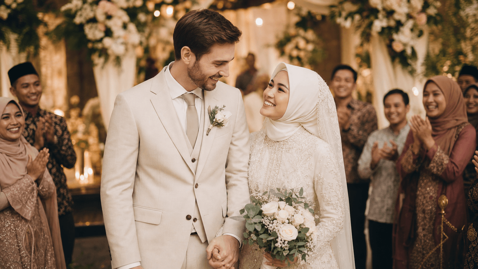 An Indonesian Muslim bride and her foreign husband celebrating their wedding with family