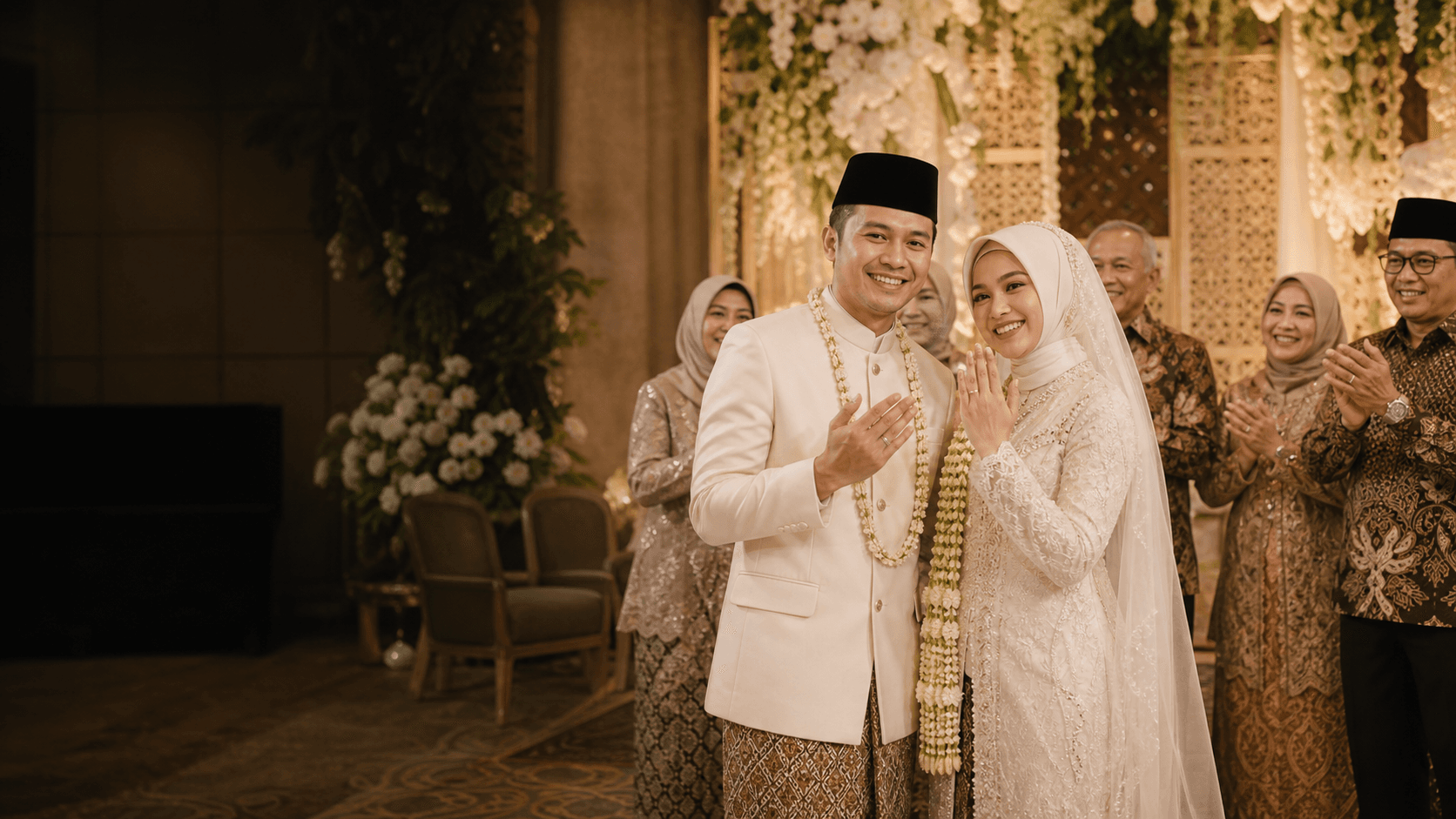 Pengantin Muslim Indonesia merayakan akad nikah bersama keluarga