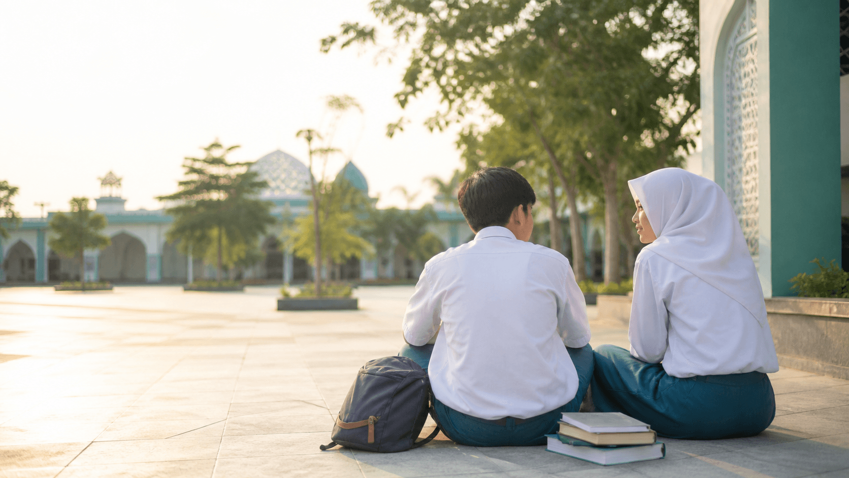 Dua pelajar Muslim di halaman masjid